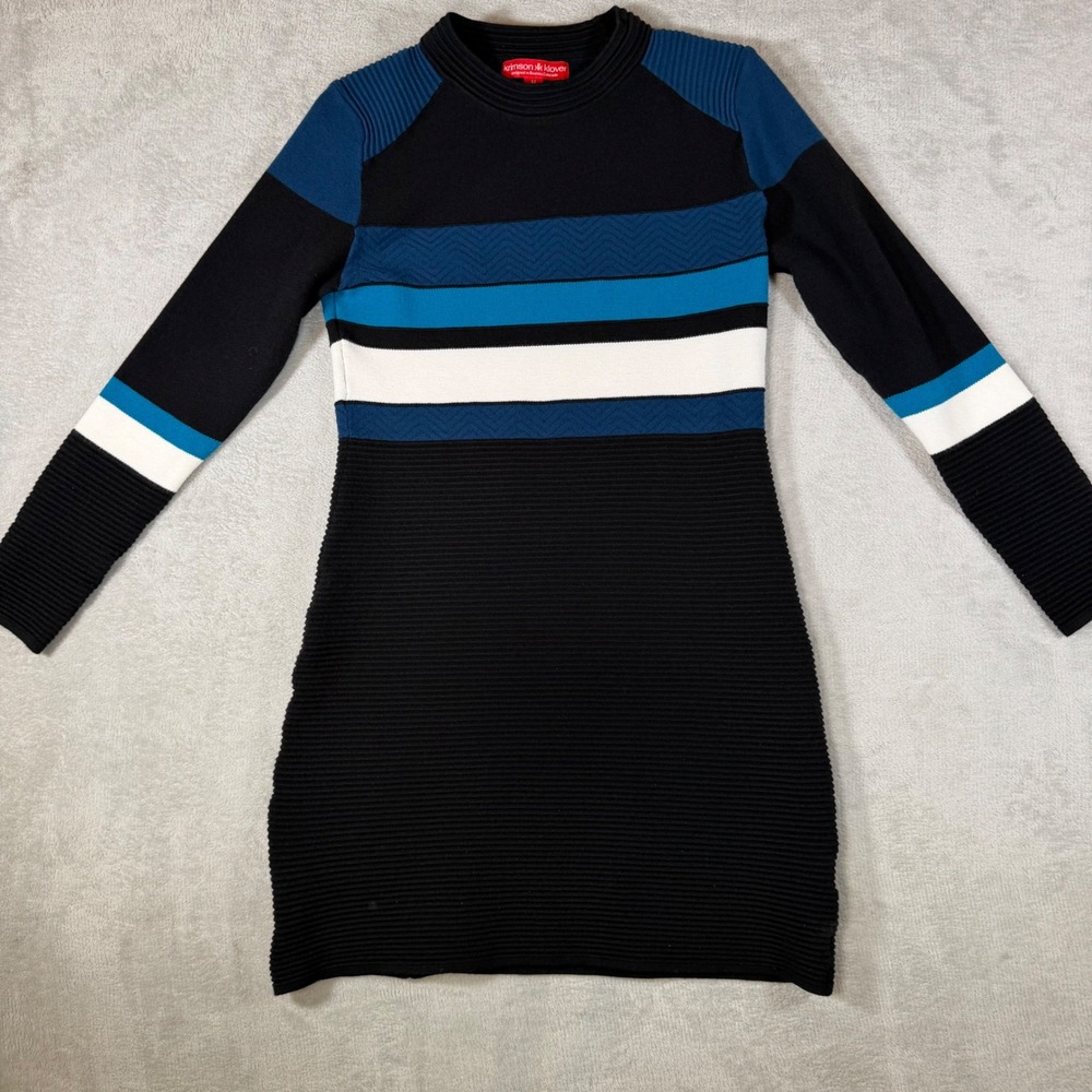 Krimson Klover Womens Black‎ Blue Striped Knit Mock Neck Sweater Mini Dress Med